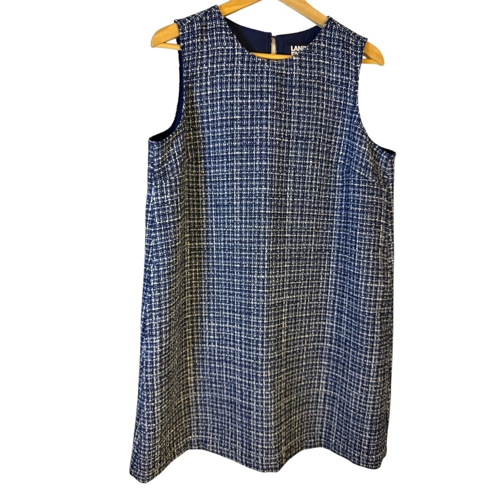 Lands End Womens Navy Blue White Tweed Sleeveless Shift Dress Petite Large 14-16